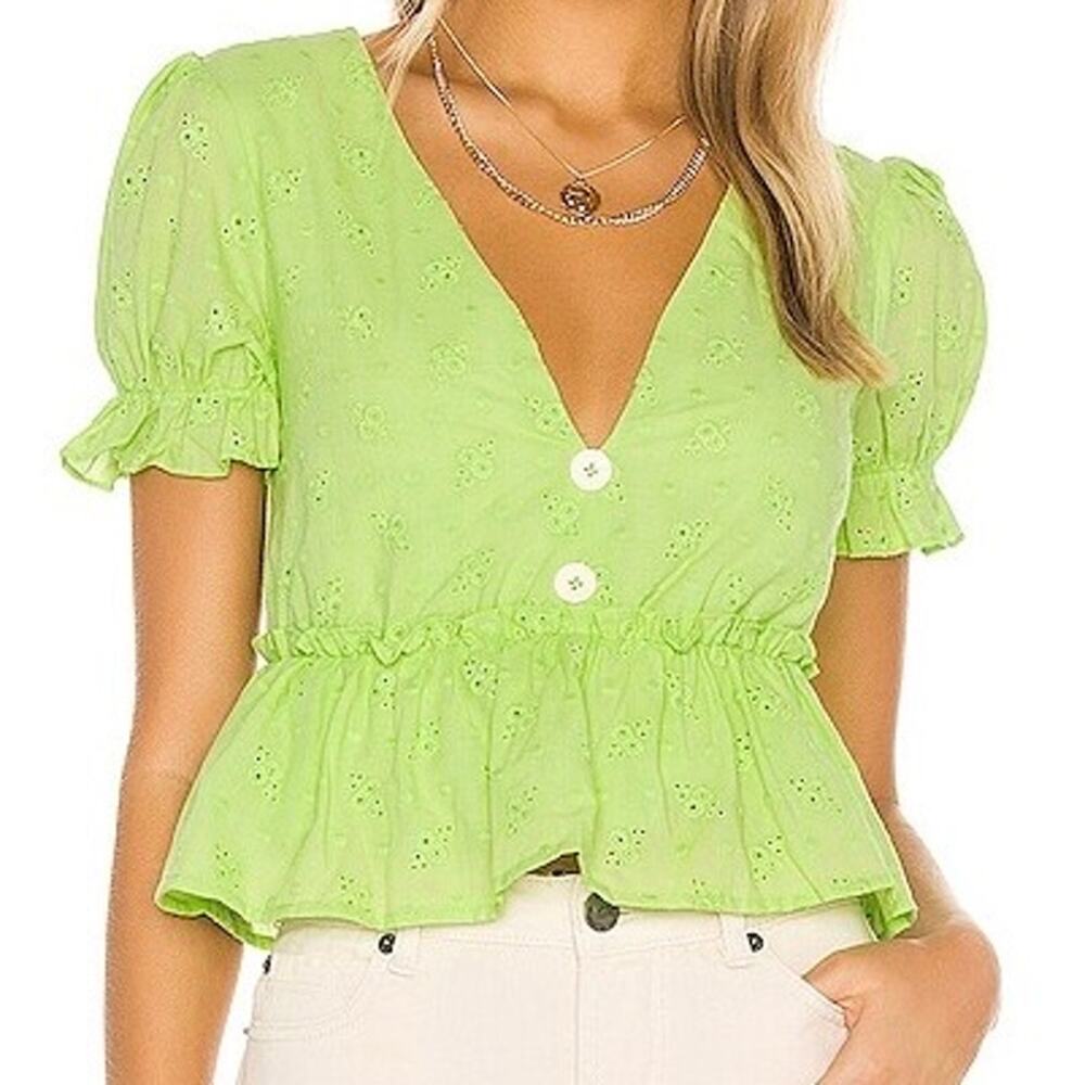 Line & Dot Willow Lace Eyelet V Neck Crop Peplum Top Green Revolve Size Small